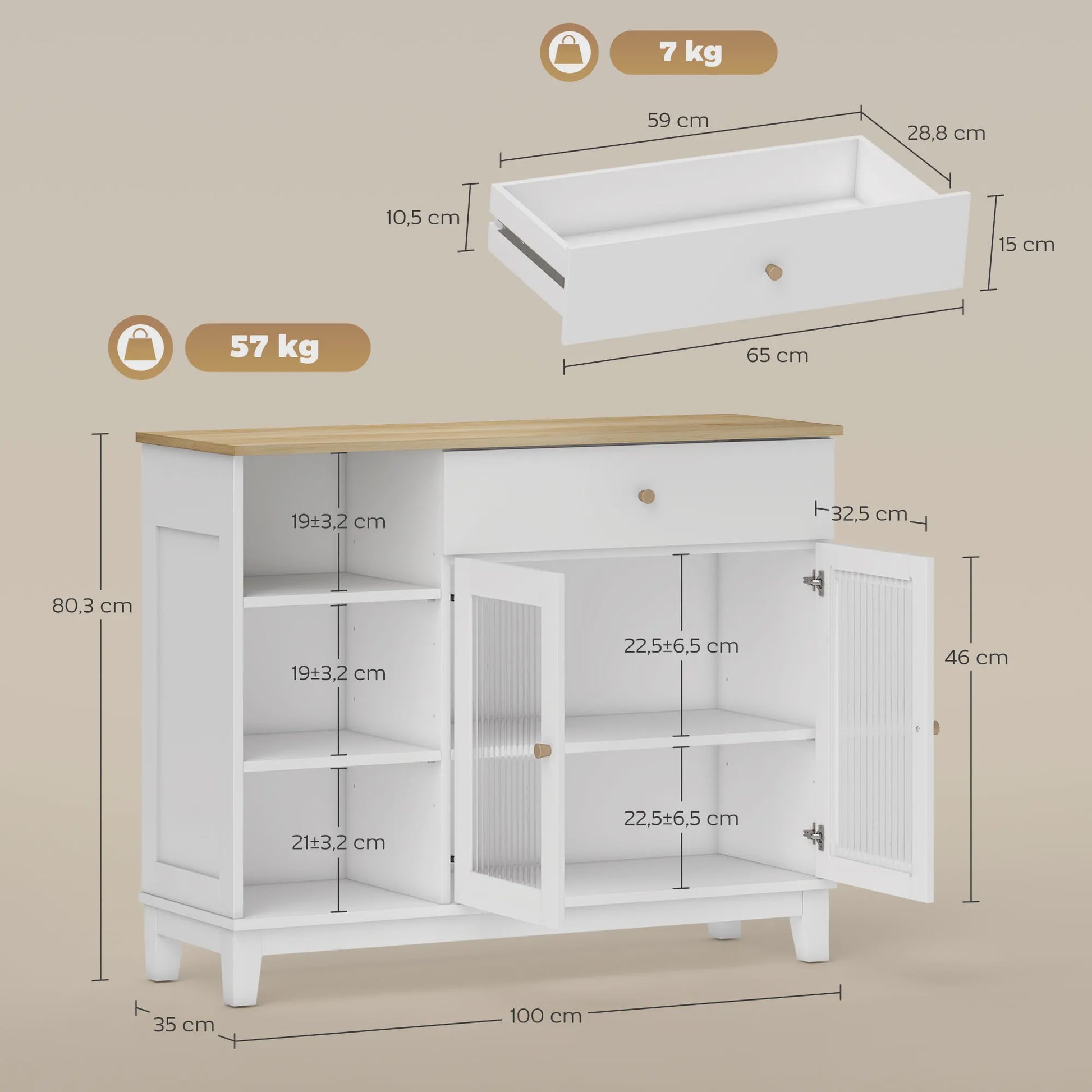 Stijlvol Wit Sideboard met Glazen Deuren, Lade en Open Vakken - 100x35x80.3 cm