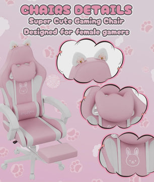 Ergonomische Gaming Chair met Kattenoren, Massagefunctie en Voetensteun - Roze