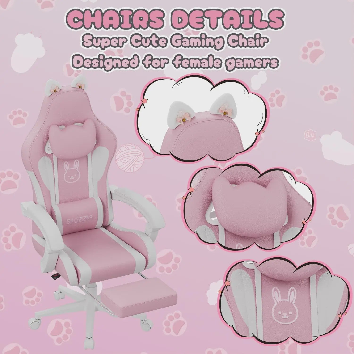 Ergonomische Gaming Chair met Kattenoren, Massagefunctie en Voetensteun - Roze