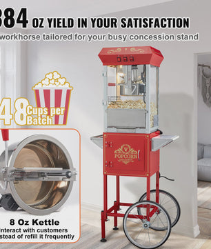 Professionele Popcorn Machine met Kar - 8oz Ketel, 48 Cups per Batch, Gehard Glas