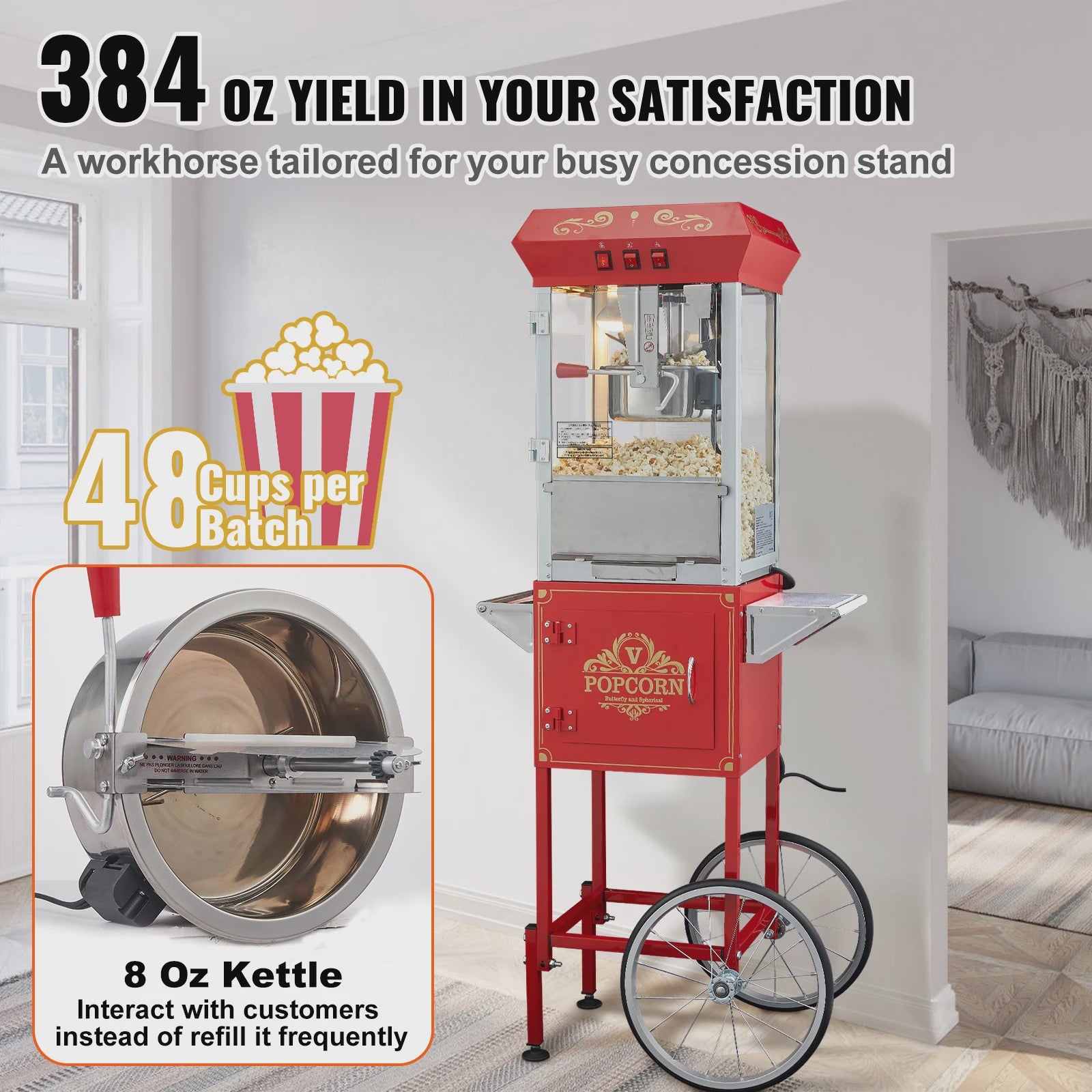 Professionele Popcorn Machine met Kar - 8oz Ketel, 48 Cups per Batch, Gehard Glas