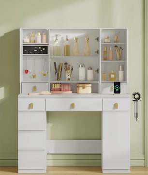 Kaptafel met Spiegel, LED Verlichting, Stopcontact & Föhn Houder - 8 Lades, 3 Kleuren, Dimbaar
