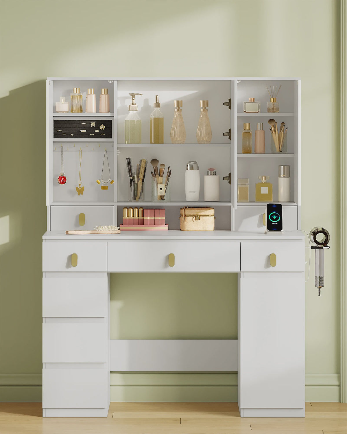 Kaptafel met Spiegel, LED Verlichting, Stopcontact & Föhn Houder - 8 Lades, 3 Kleuren, Dimbaar