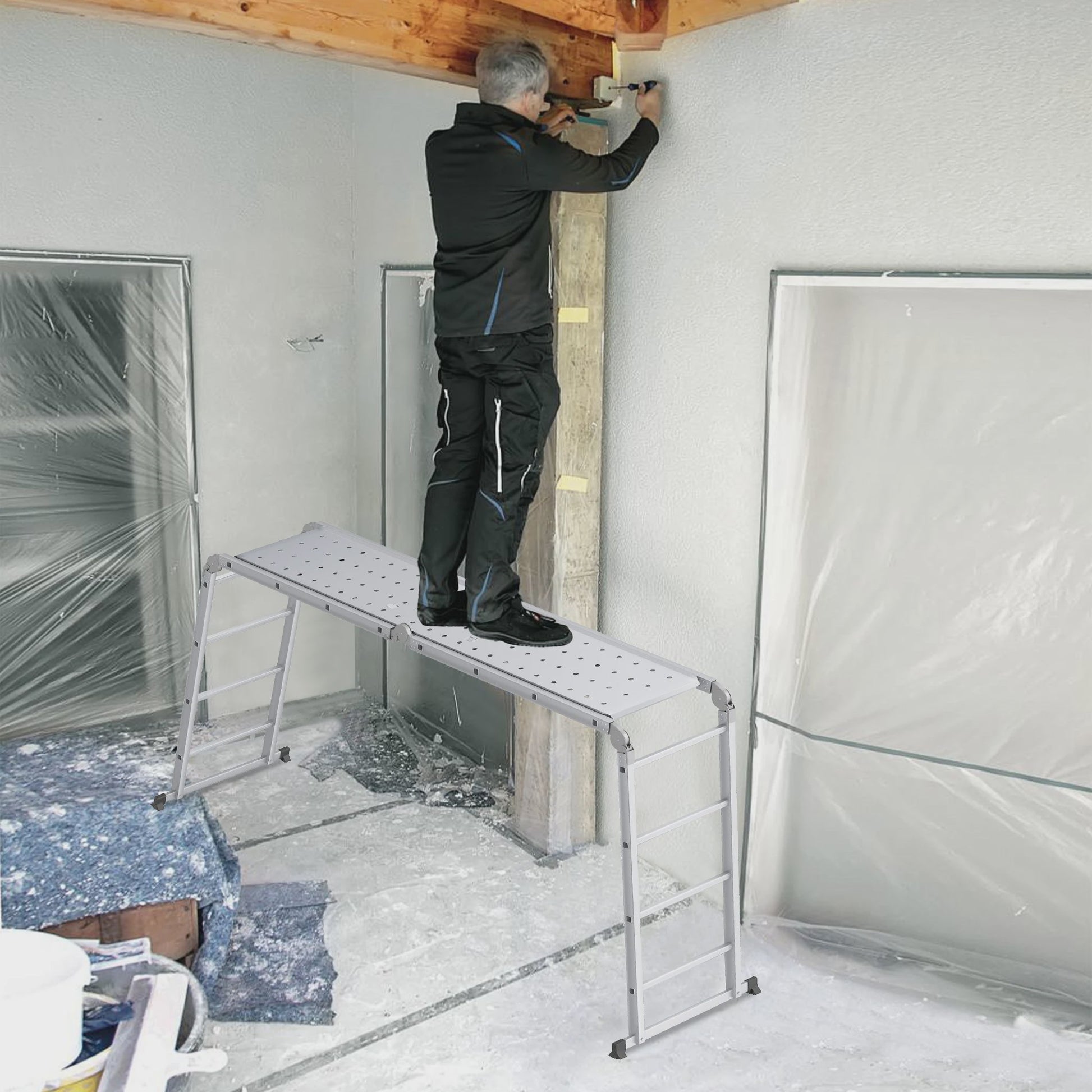 6-in-1 Aluminium Multifunctionele Ladder met Platform - Verstelbaar & Inklapbaar