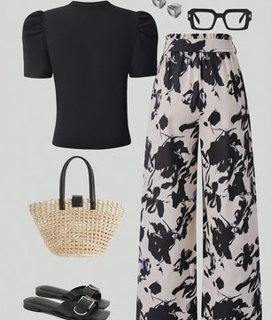 Zomerse Outfit Set Meisjes: Zwart T-shirt met Pareldecoratie & Bloemige Wijde Broek - 2-delig Pak voor Kinderen & Tieners (5-13 jaar)