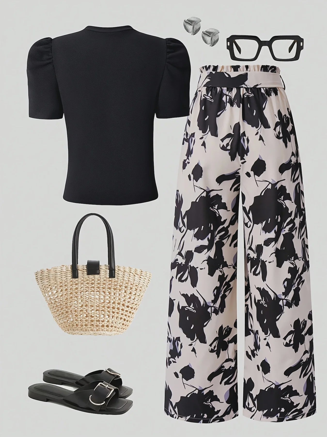 Zomerse Outfit Set Meisjes: Zwart T-shirt met Pareldecoratie & Bloemige Wijde Broek - 2-delig Pak voor Kinderen & Tieners (5-13 jaar)