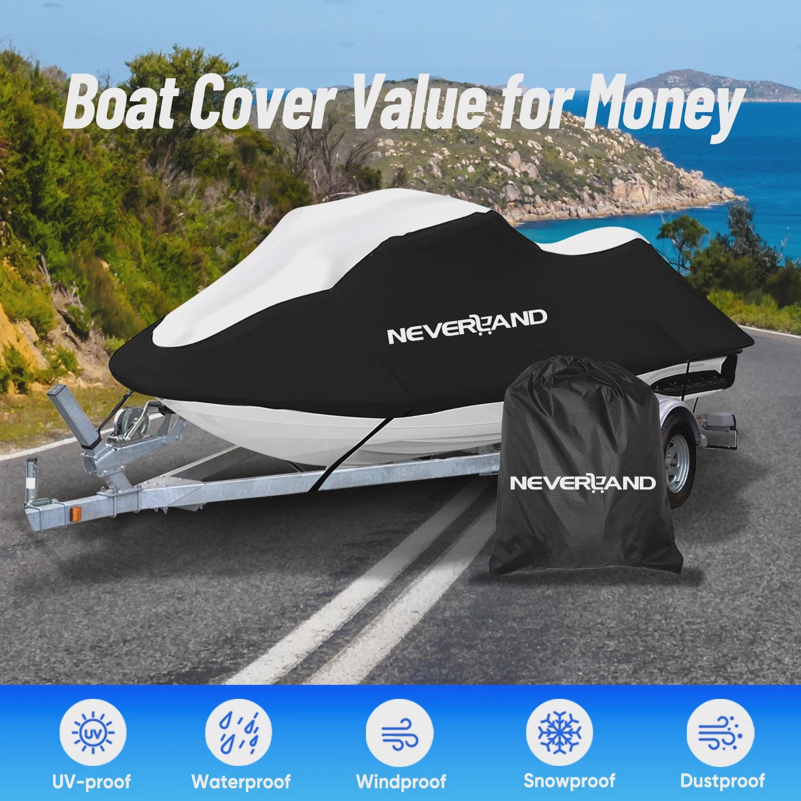 Waterdichte Bootkap 210D Heavy Duty voor V-romp boten (15-35ft) - UV, Zon, Regen, Stof, Trailerbaar