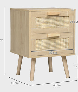 Nachtkastje met 2 Lades en Houten Poten - Naturel Hout - 40x40x56 cm