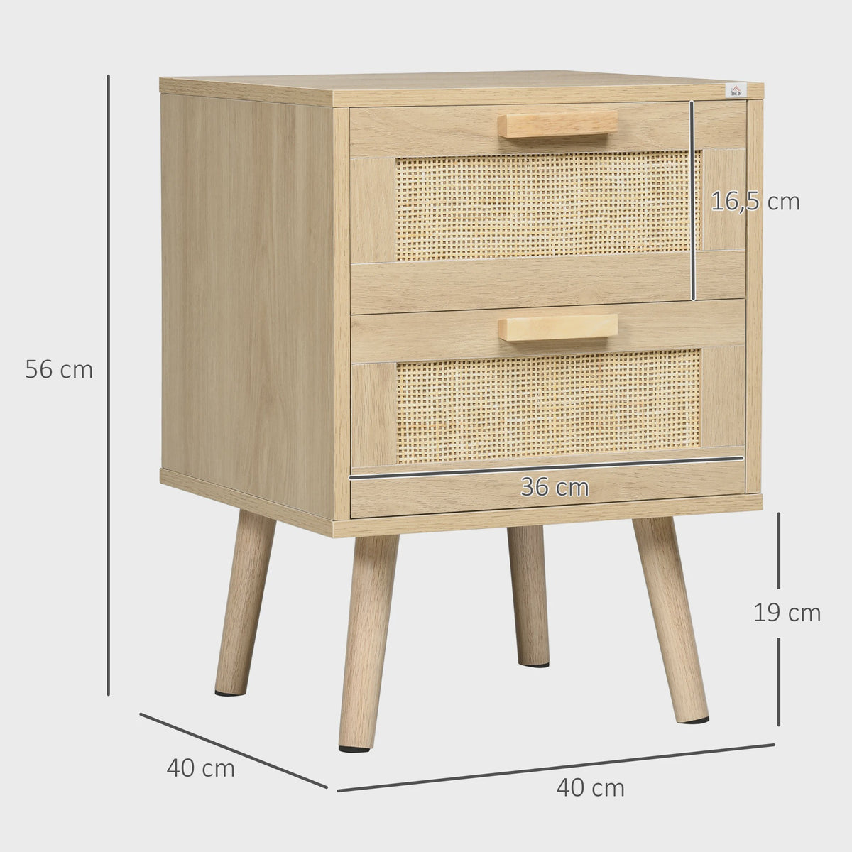 Nachtkastje met 2 Lades en Houten Poten - Naturel Hout - 40x40x56 cm