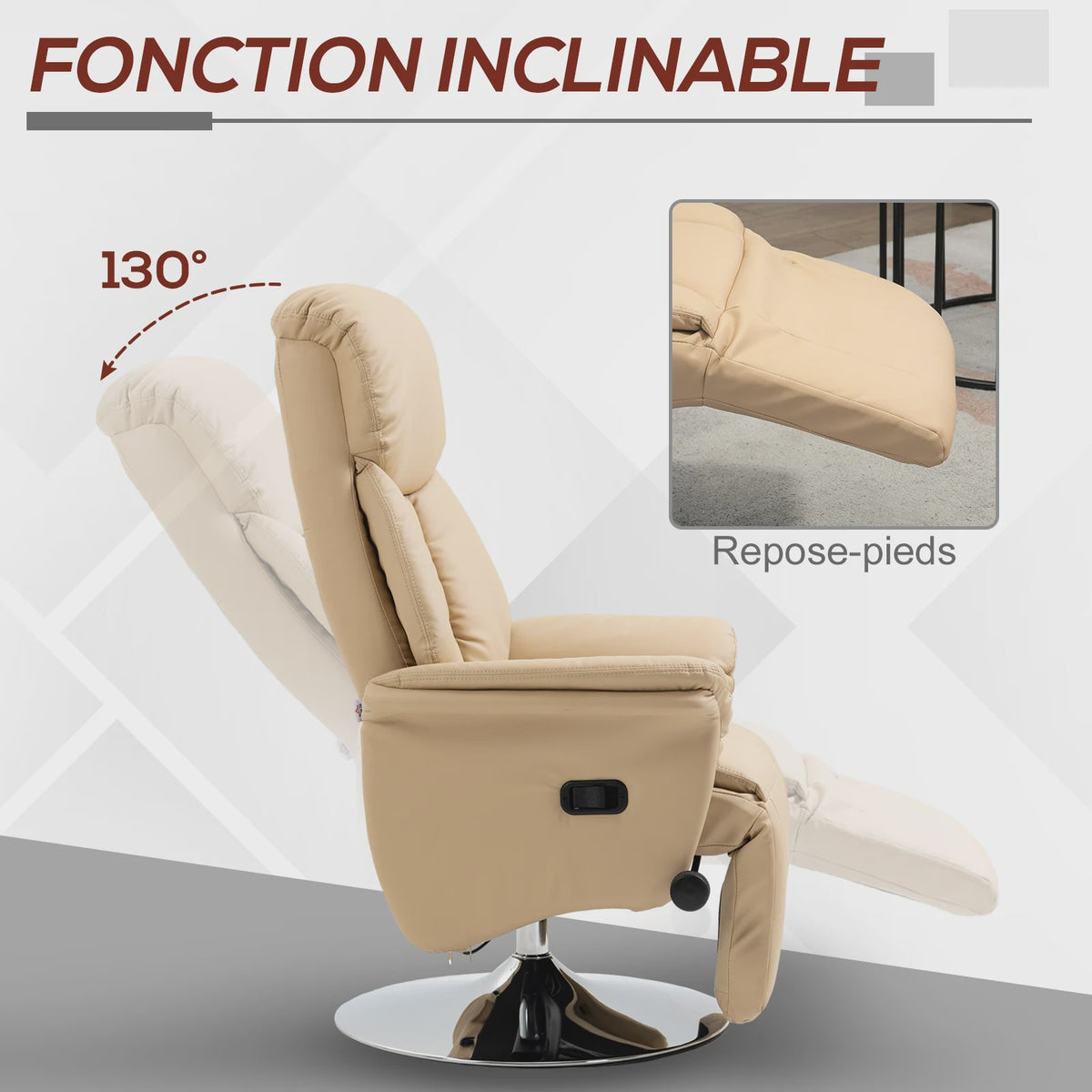 HOMCOM Armchair relaxation relax Living Room relaxation Armchair Pivoting foot-rest Adjustable Armrests, chair TV in Synthetic leather, Up to kg, for Living Room, bedroom, home cinema, beige