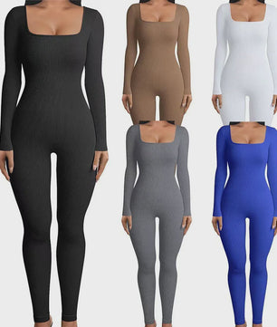 Ribbel Jumpsuit Dames - Naadloos Seamless Sport Bodysuit met Lange Mouwen