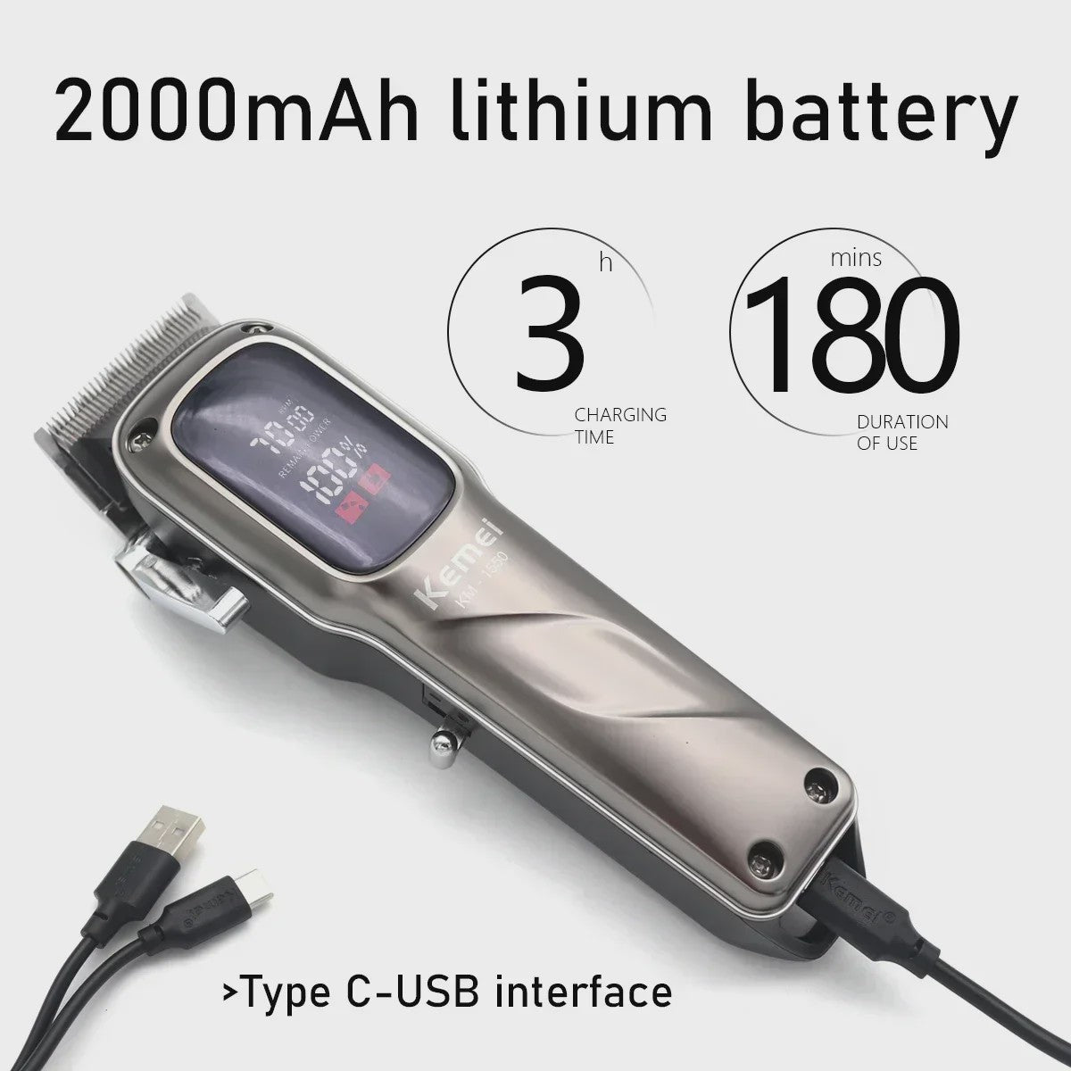 Kemei KM-1550 Professionele Baardtrimmer & Haarklipper voor Mannen - Draadloos, LED Display, USB