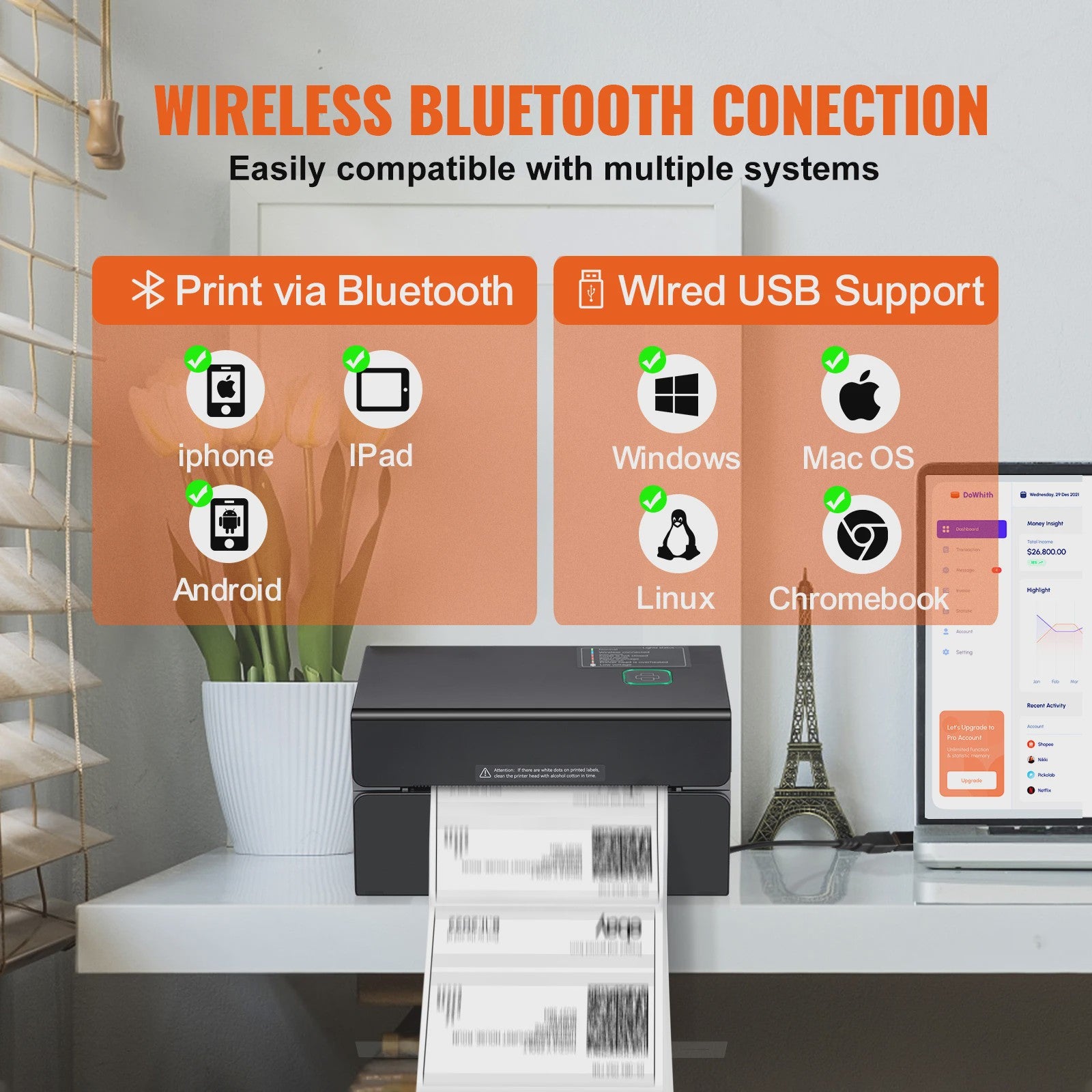SucceBuy Thermische Labelprinter 300DPI met Bluetooth & USB - Automatische Labelherkenning