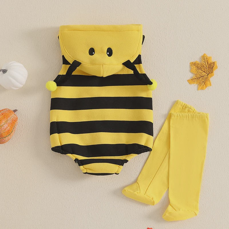 Schattig Baby Bijen Kostuum Romper met Muts en Sokken - Pasgeboren Outfit
