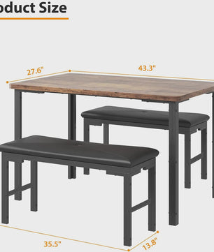 Compacte Eetkamer Set: Tafel met 2 Gestoffeerde Bankjes voor 4 Personen