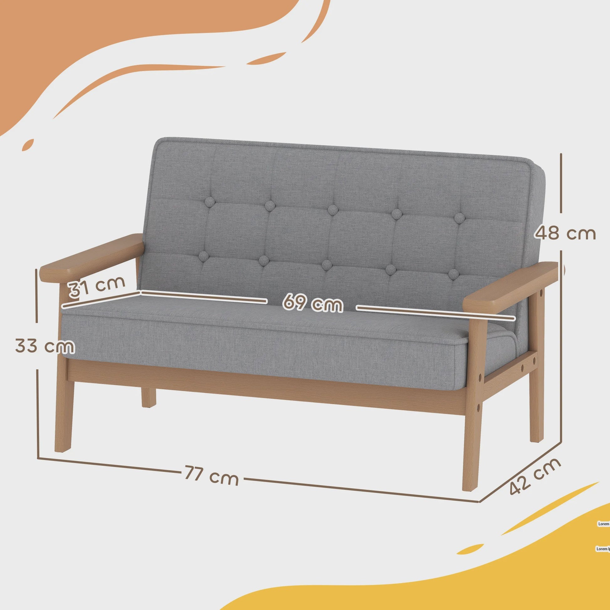 Grijze Kinderbank - Zachte Pluche 2-zits Sofa met Houten Frame
