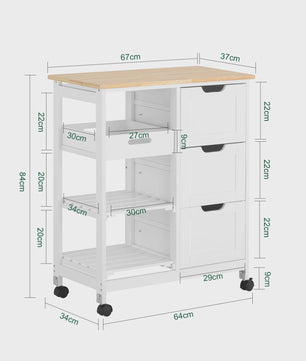 Multifunctionele Keukenwagen met Wielen, 3 Lades en 2 Open Planken - Wit