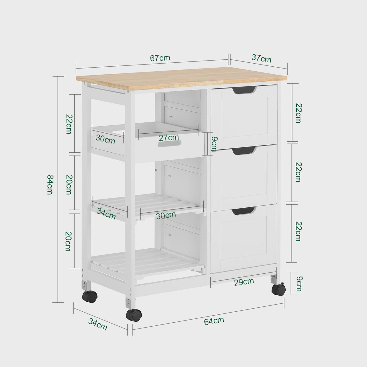 Multifunctionele Keukenwagen met Wielen, 3 Lades en 2 Open Planken - Wit