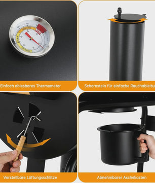 Charcoal BBQ Grillwagen met Deksel, Thermometer en Zijtafel - Perfect voor Tuinfeesten