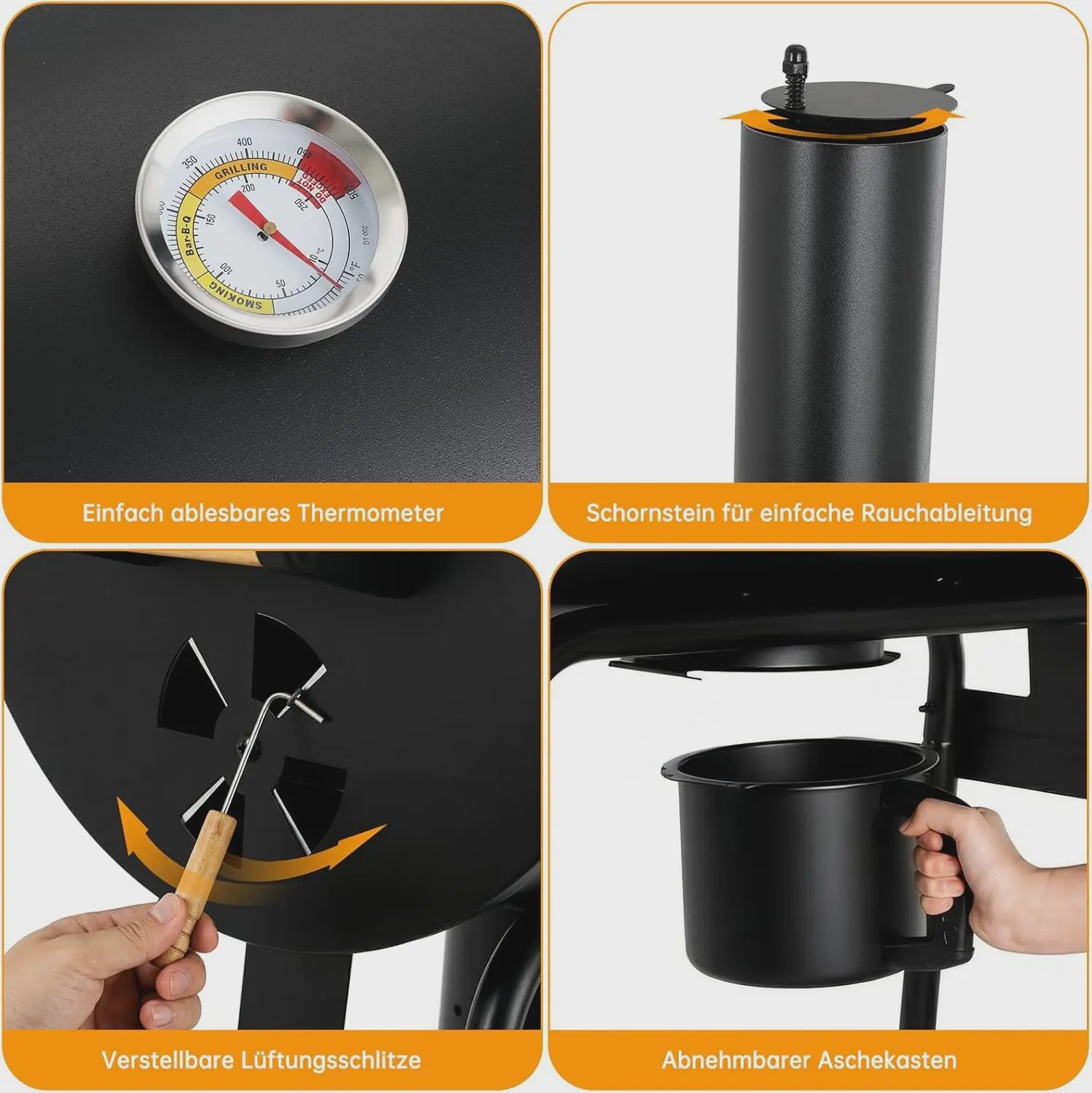 Charcoal BBQ Grillwagen met Deksel, Thermometer en Zijtafel - Perfect voor Tuinfeesten