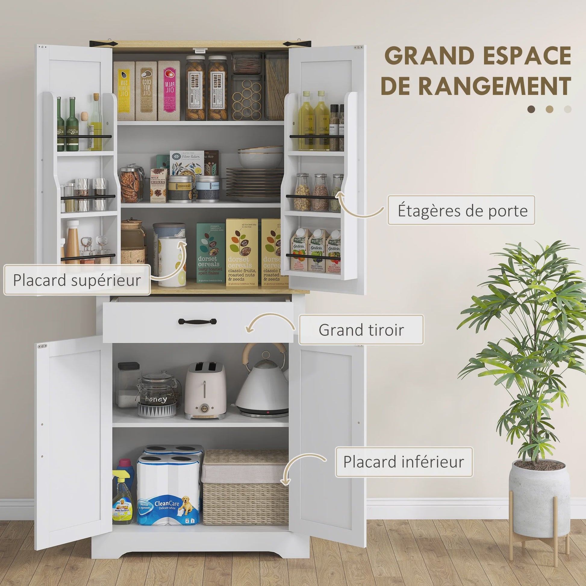 HOMCOM Keuken Buffetkast met 4 Deuren, Lade en 6 Verstelbare Planken - Wit 181 cm