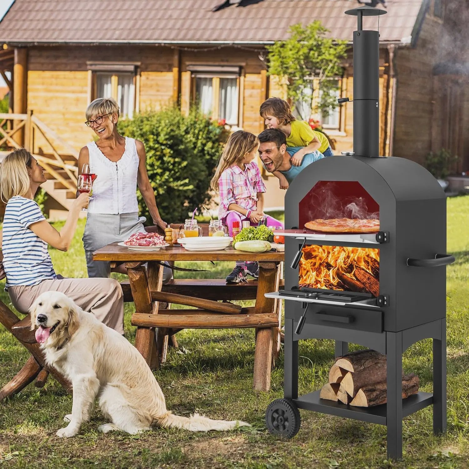 Houtgestookte Buiten Pizzaoven met Ingebouwde Thermometer, Aslade en Waterdichte Hoes