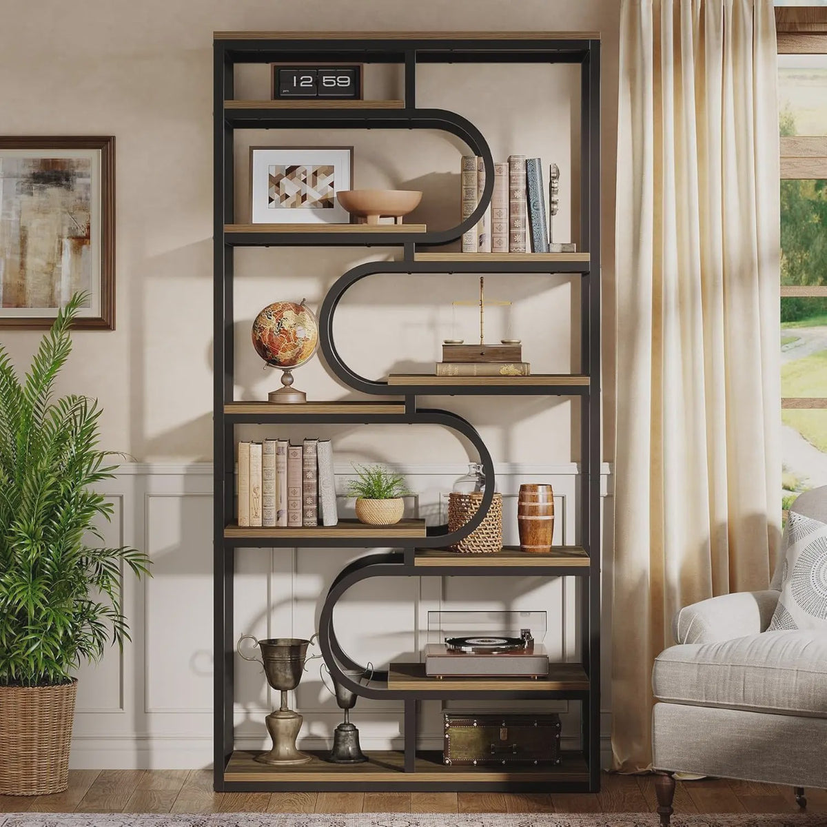 Industriële Boekenkast 180cm Hoog - 5 Lagen Open Opslag - Metaal & Hout Design
