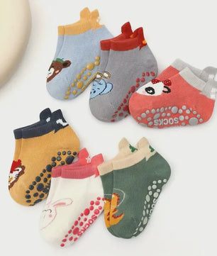 6 Paar Leuke Kinder Sokken met Antislip - Katoen, Ademend & Comfortabel - Schattige Dierenprintjes