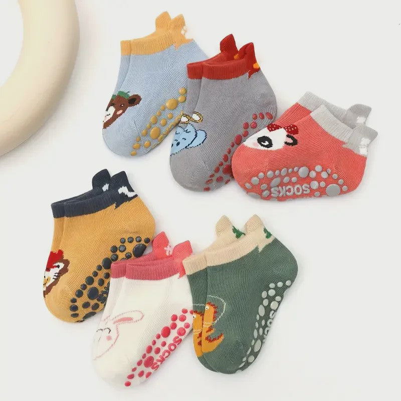 6 Paar Leuke Kinder Sokken met Antislip - Katoen, Ademend & Comfortabel - Schattige Dierenprintjes