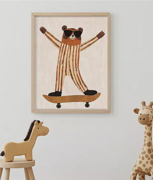 Vrolijke Dieren Canvas Posters - Leeuw, Hond, Beer & Cheetah op Skateboard - Kinderkamer Decoratie