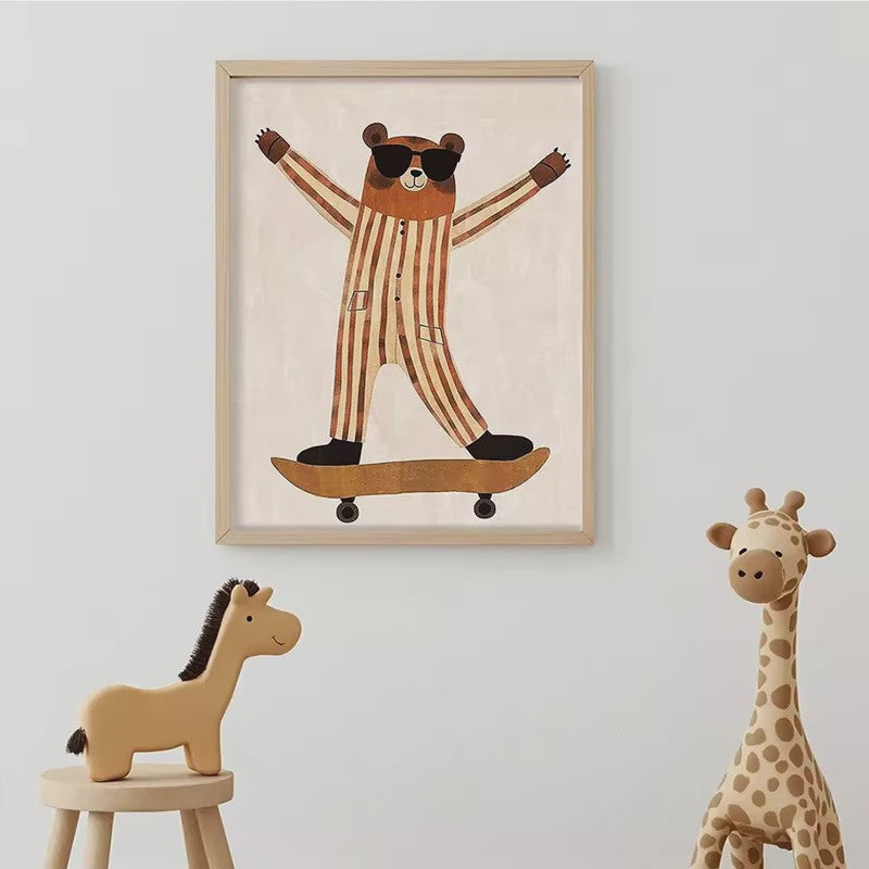 Vrolijke Dieren Canvas Posters - Leeuw, Hond, Beer & Cheetah op Skateboard - Kinderkamer Decoratie