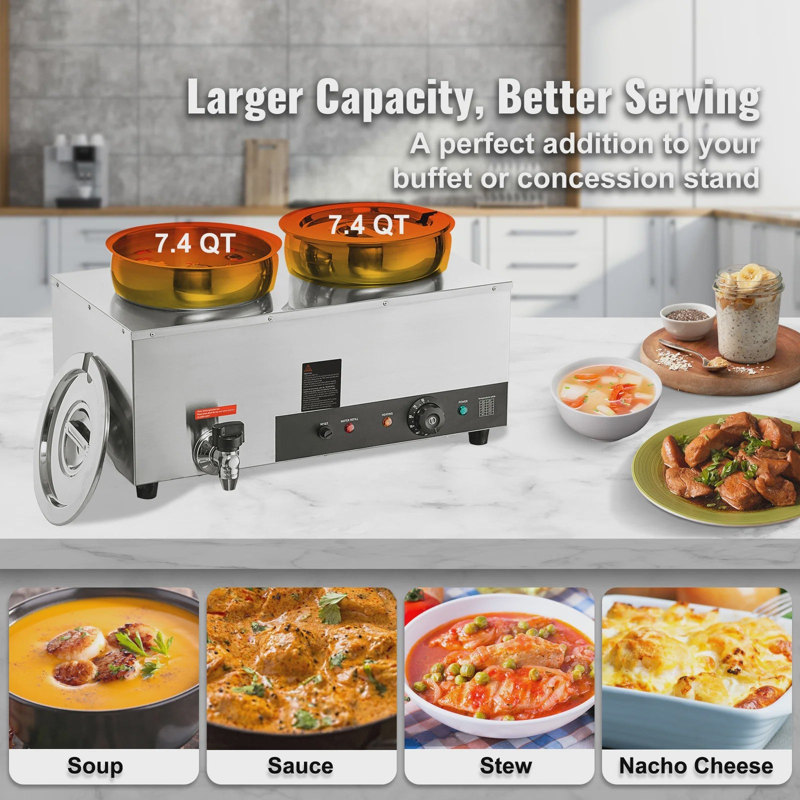 Professionele Dubbele Soepwarmer 1200W - 2x 7.4QT RVS - Buffet & Restaurant