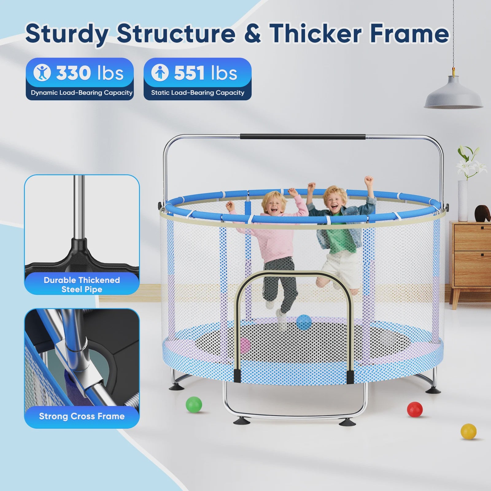 150cm Kids Trampoline,Adjustable Baby Toddler Trampoline with Basketball Hoop, Swing, Sandbag, Ocean Balls,330lbs Indoor Outdoor
