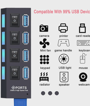 USB Hub 3.0/2.0 met 4 of 7 poorten, individuele schakelaars en LED-indicatoren