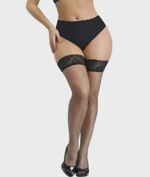 Zwarte Visnet Kousen met Kanten Boord - Dijhoog & Over de Knie - Plus Size XXXXL - Anti-slip Siliconen