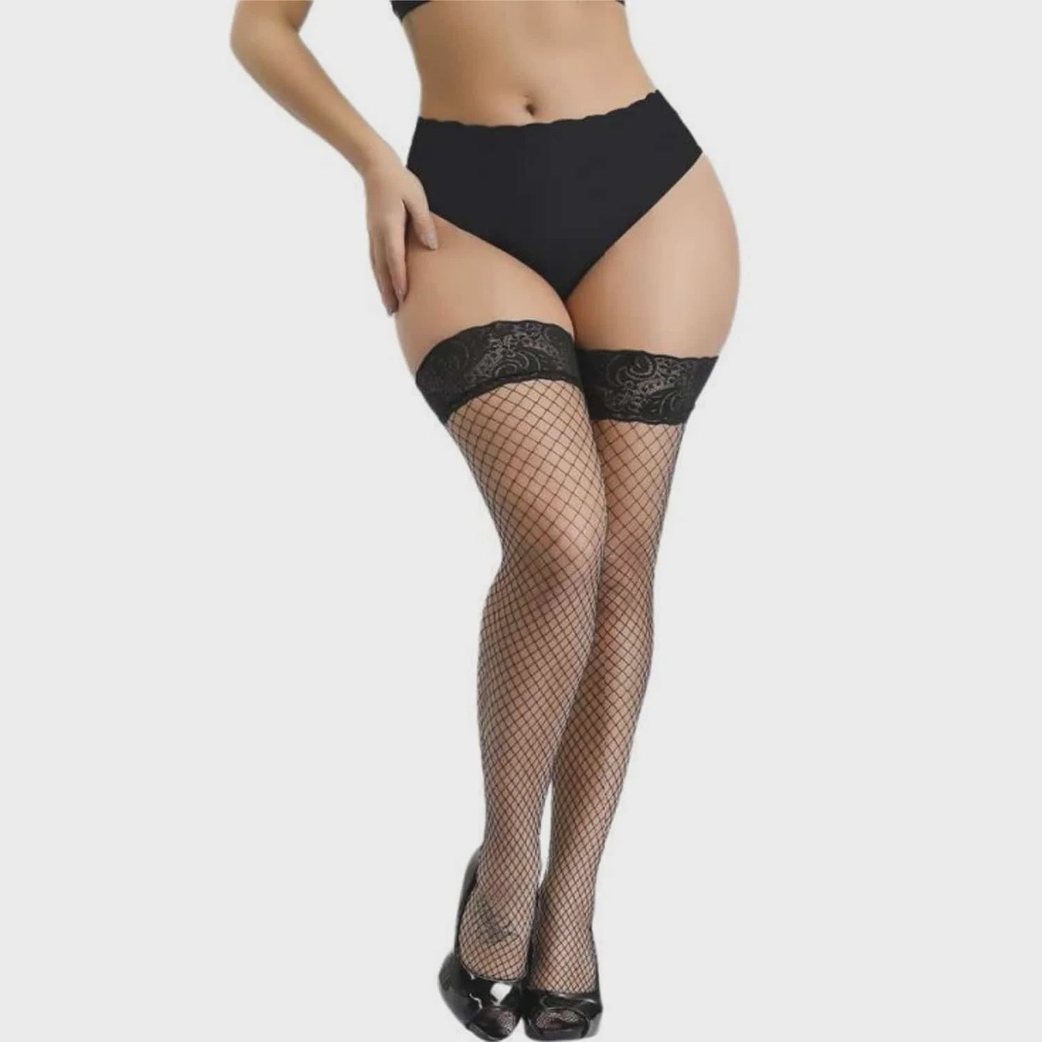Zwarte Visnet Kousen met Kanten Boord - Dijhoog & Over de Knie - Plus Size XXXXL - Anti-slip Siliconen