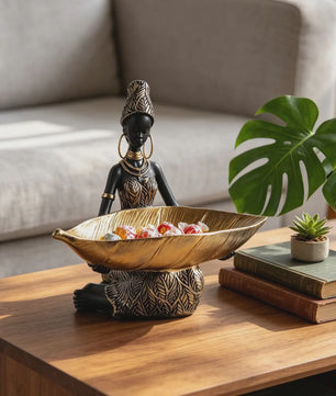 Afrikaanse Vrouw Sculptuur met Gouden Blad Schaal - Decoratieve Opberger & Verzamelobject