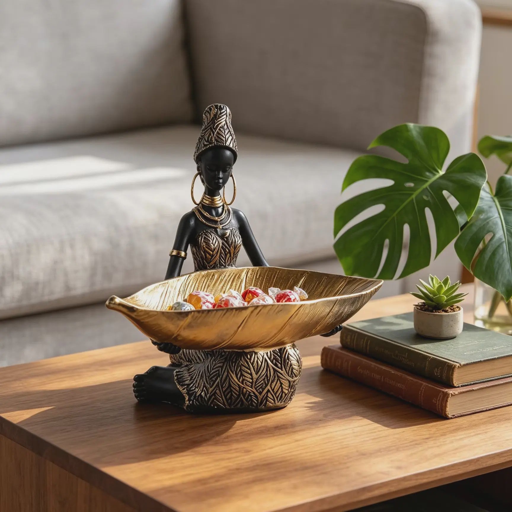 Afrikaanse Vrouw Sculptuur met Gouden Blad Schaal - Decoratieve Opberger & Verzamelobject