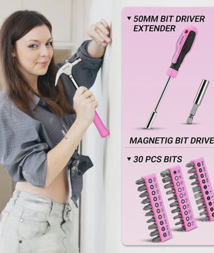DEKO Complete Gereedschapskist Roze - 62 Delen - Ideaal voor Vrouwen, Huis, Hobby & Auto
