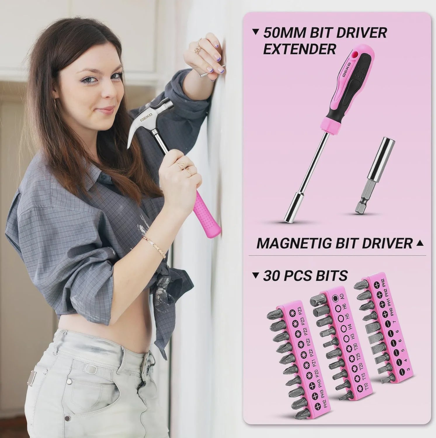 DEKO Complete Gereedschapskist Roze - 62 Delen - Ideaal voor Vrouwen, Huis, Hobby & Auto