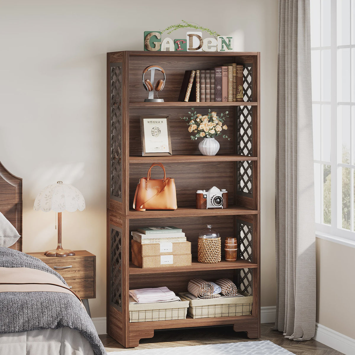Industriële Boekenkast 180cm Hoog - Vintage Bruin Hout - 6 Open Planken