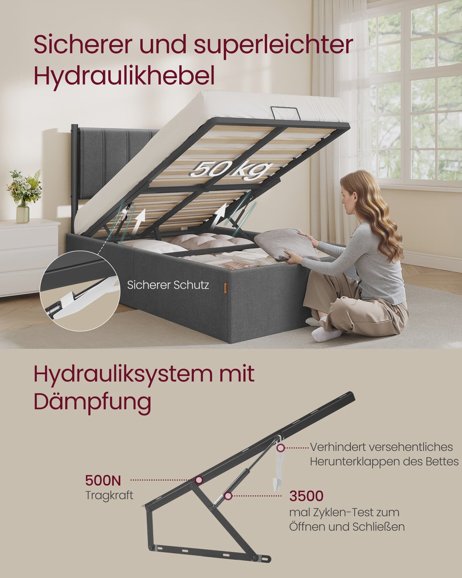 VASAGLE Bedframe met Opbergruimte en Hoofdbord - 90x200 cm - Grijs