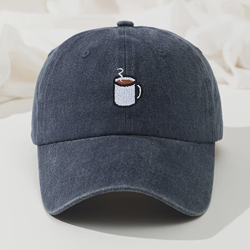 Retro Gewassen Baseball Cap met Koffiekopje Borduurwerk - Verstelbaar & Casual