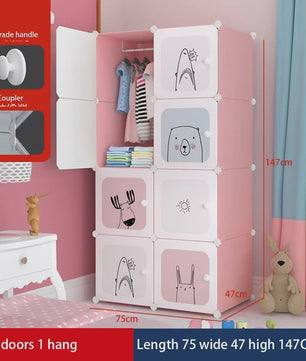 Modulaire Kinder Garderobekast - Roze Kledingkast met Cartoonprints - 75x47x147cm