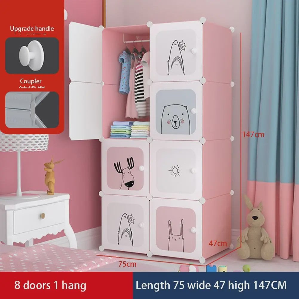 Modulaire Kinder Garderobekast - Roze Kledingkast met Cartoonprints - 75x47x147cm