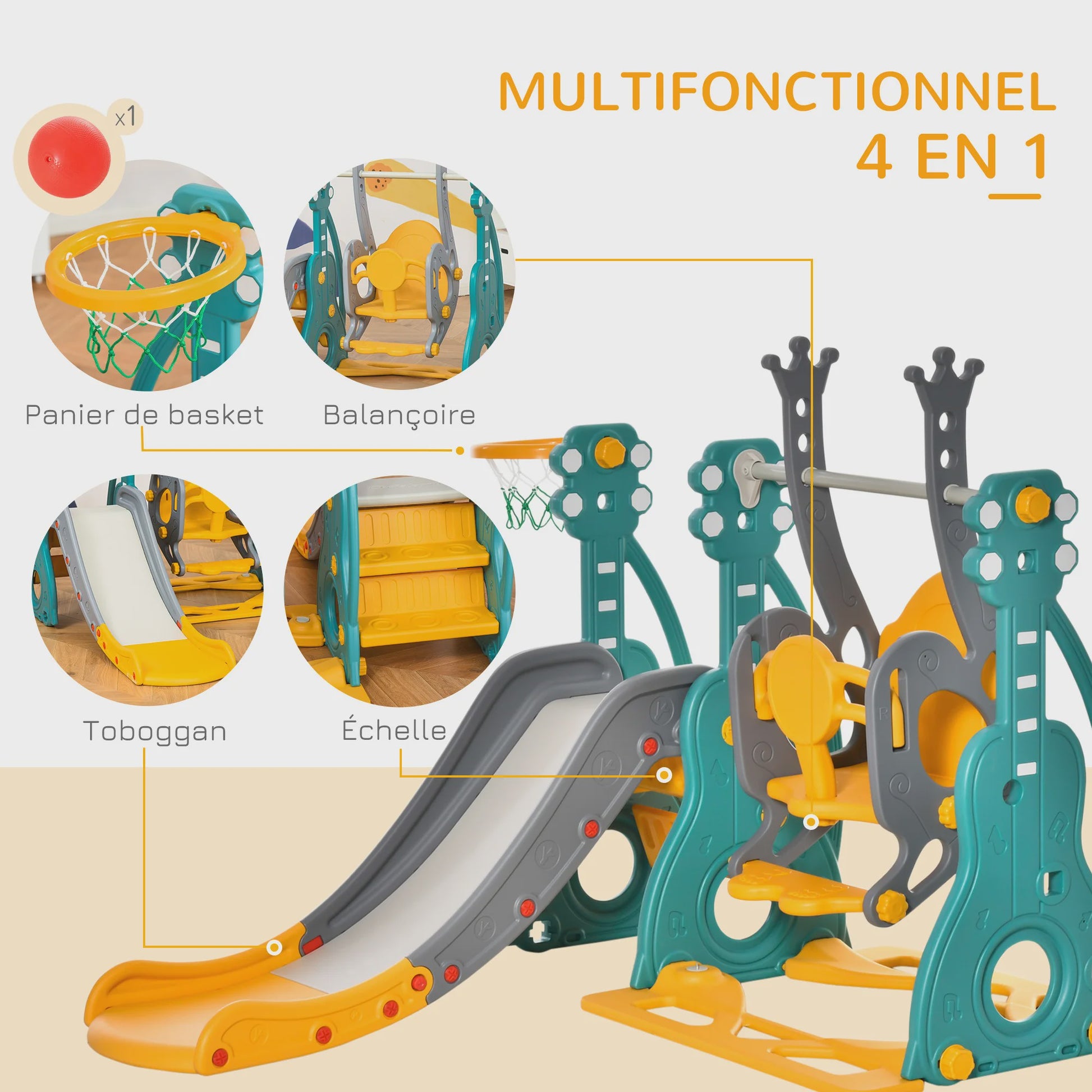 HOMCOM 4-in-1 Speeltoestel voor Kinderen: Glijbaan, Schommel, Basketbal & Stoel