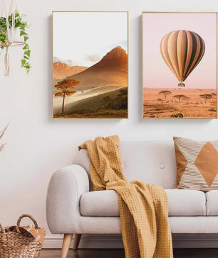 Canvas Poster Set: Leeuw, Giraffe, Olifant, Ballonvaart & Natuurlandschap