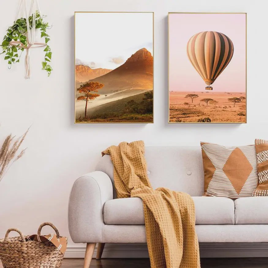 Canvas Poster Set: Leeuw, Giraffe, Olifant, Ballonvaart & Natuurlandschap
