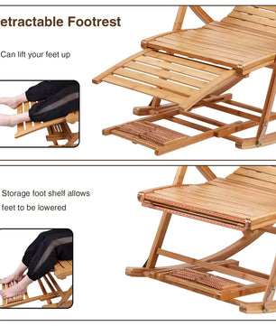 Bamboe Schommelstoel met Verstelbare Rugleuning & Voetsteun – Opvouwbare Loungestoel van Massief Bamboe, Ergonomisch & Extra Sterk – Voor Woonkamer en Slaapkamer