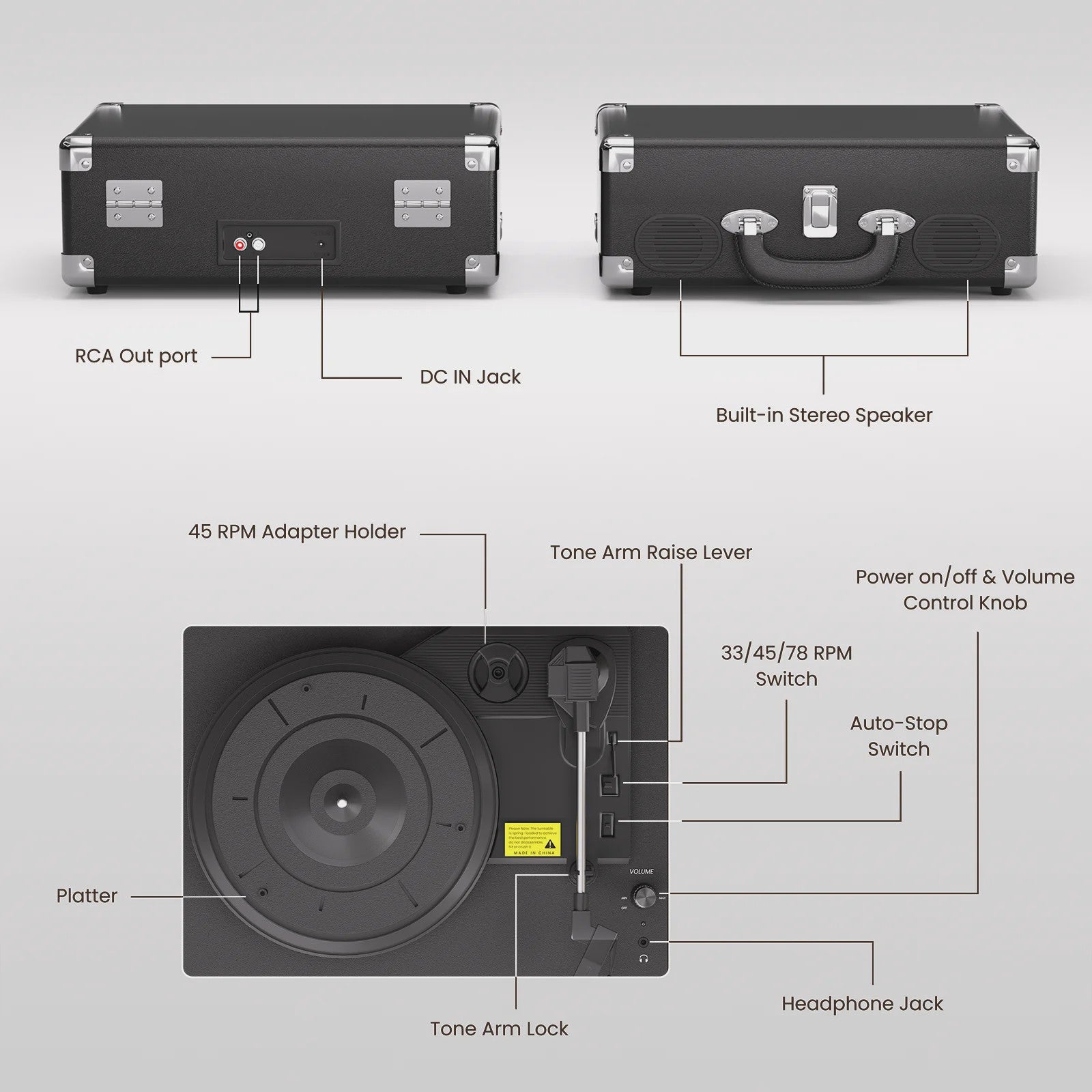 Maio S100 Vintage Platenspeler - Belt-Driven, 3 Snelheden, Ingebouwde Stereo Speakers
